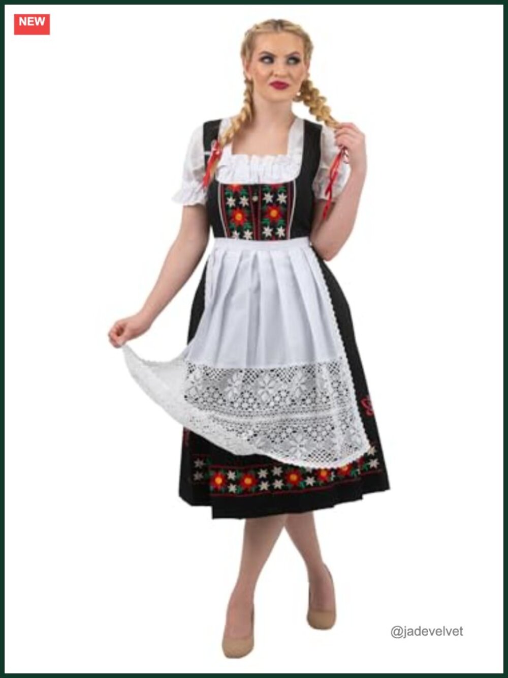 3-Piece Traditional Dirndl Dress with Lace Apron and Blouse, Cotton Blend